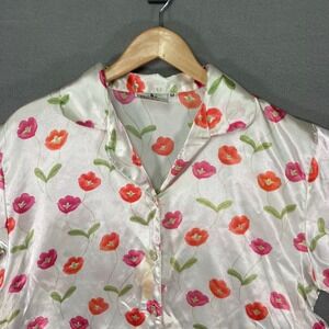 Emotions White Floral Button Up Short Sleeve Pajama Shirt Top‎ Women's M